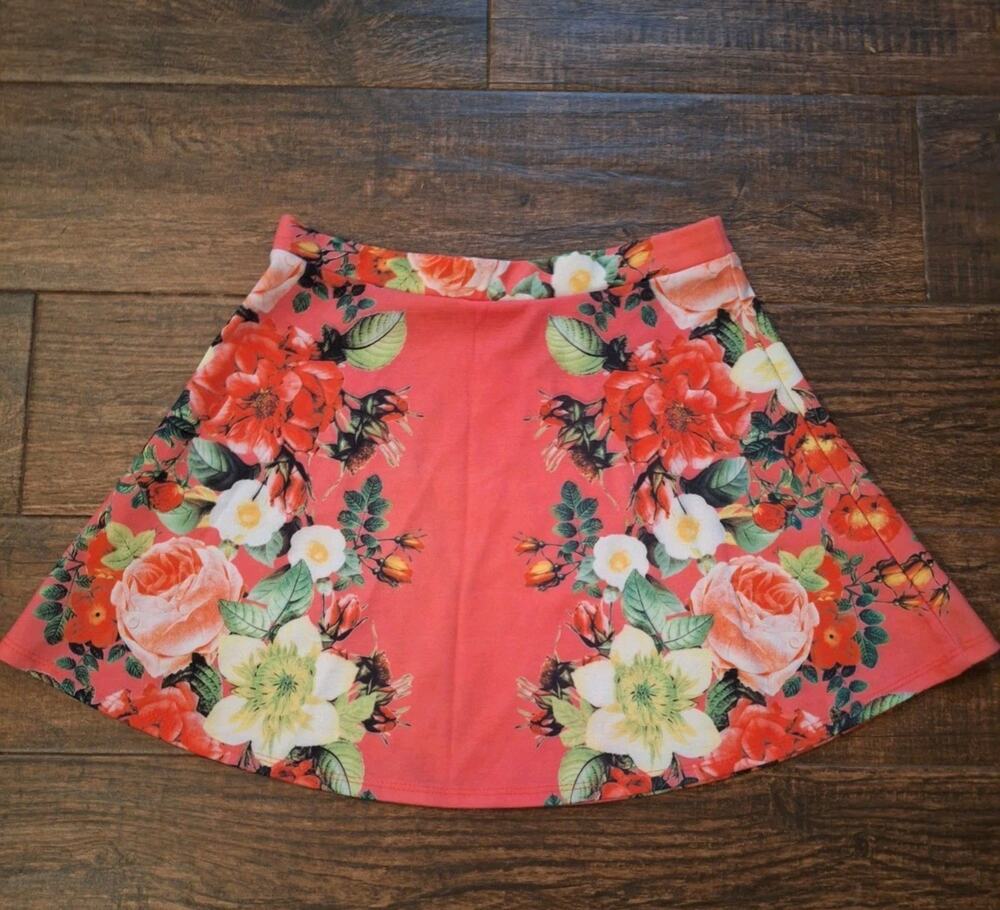 Rue 21 Mini Skirt Pink Floral Stretchy Jersey Sz MED